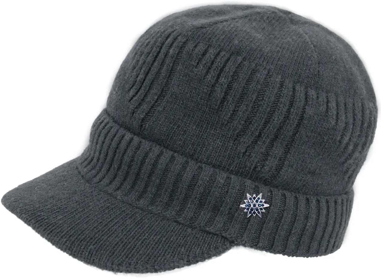 Dahlia Men's Beanie with Visor - Wool, Winter Hat w/Brim, Fleece Lined