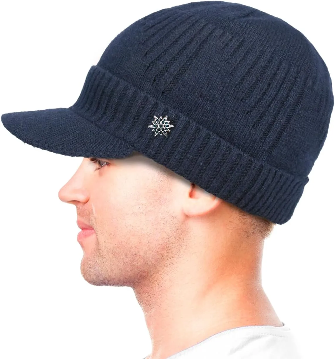 Dahlia Men's Beanie with Visor - Wool, Winter Hat w/Brim, Fleece Lined