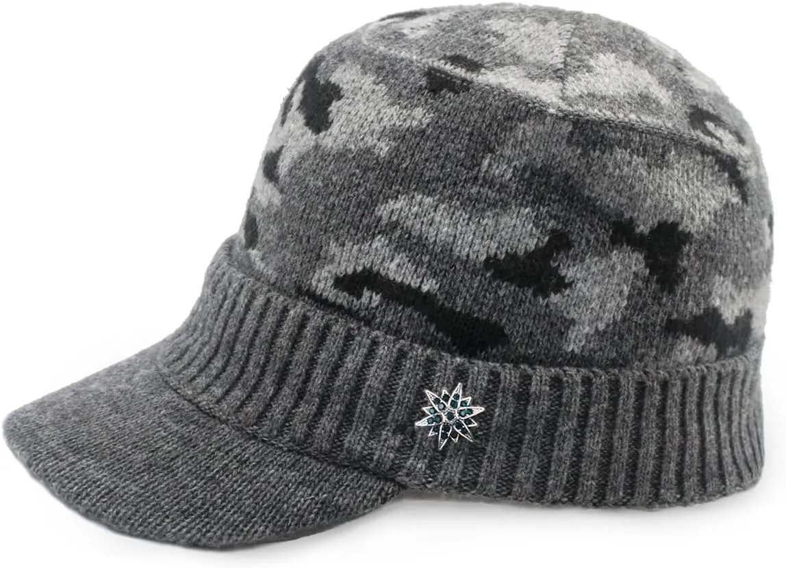 Dahlia Men's Beanie with Visor - Wool, Winter Hat w/Brim, Fleece Lined