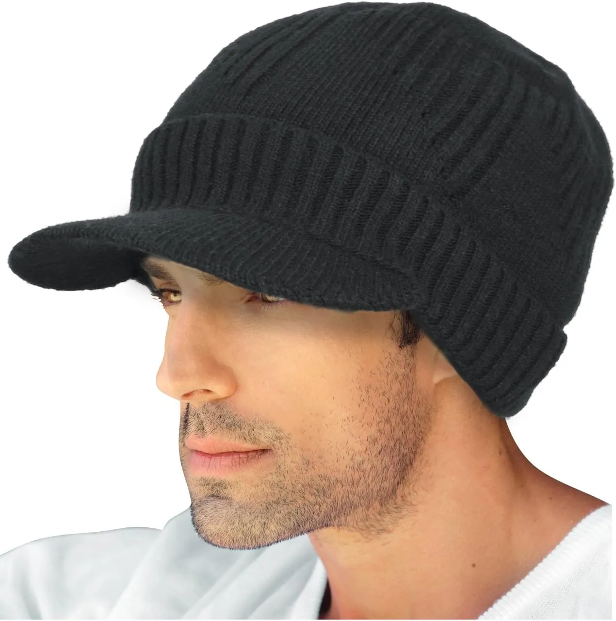 Dahlia Men's Beanie with Visor - Wool, Winter Hat w/Brim, Fleece Lined