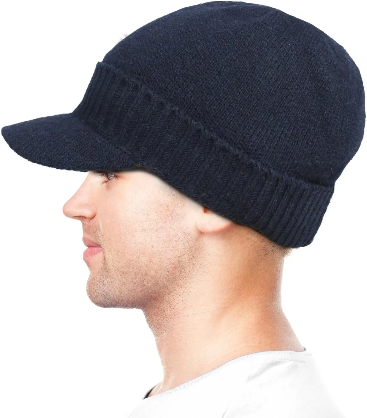 Dahlia Men's Beanie with Visor - Wool, Winter Hat w/Brim, Fleece Lined