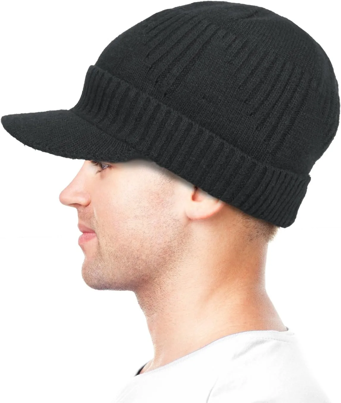 Dahlia Men's Beanie with Visor - Wool, Winter Hat w/Brim, Fleece Lined