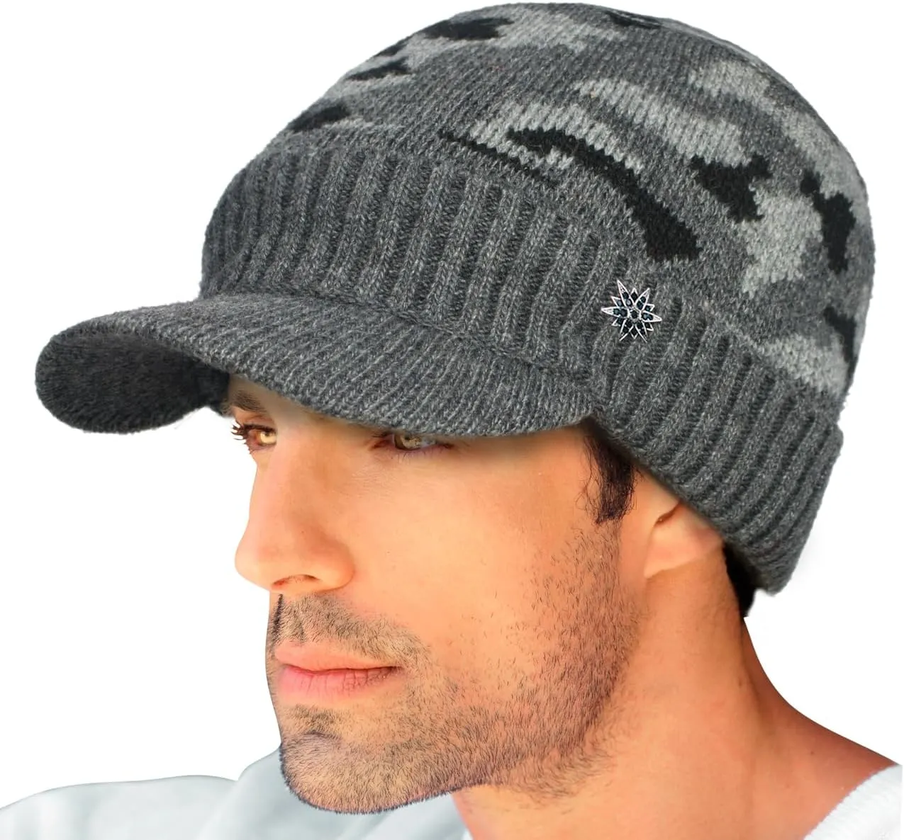 Dahlia Men's Beanie with Visor - Wool, Winter Hat w/Brim, Fleece Lined