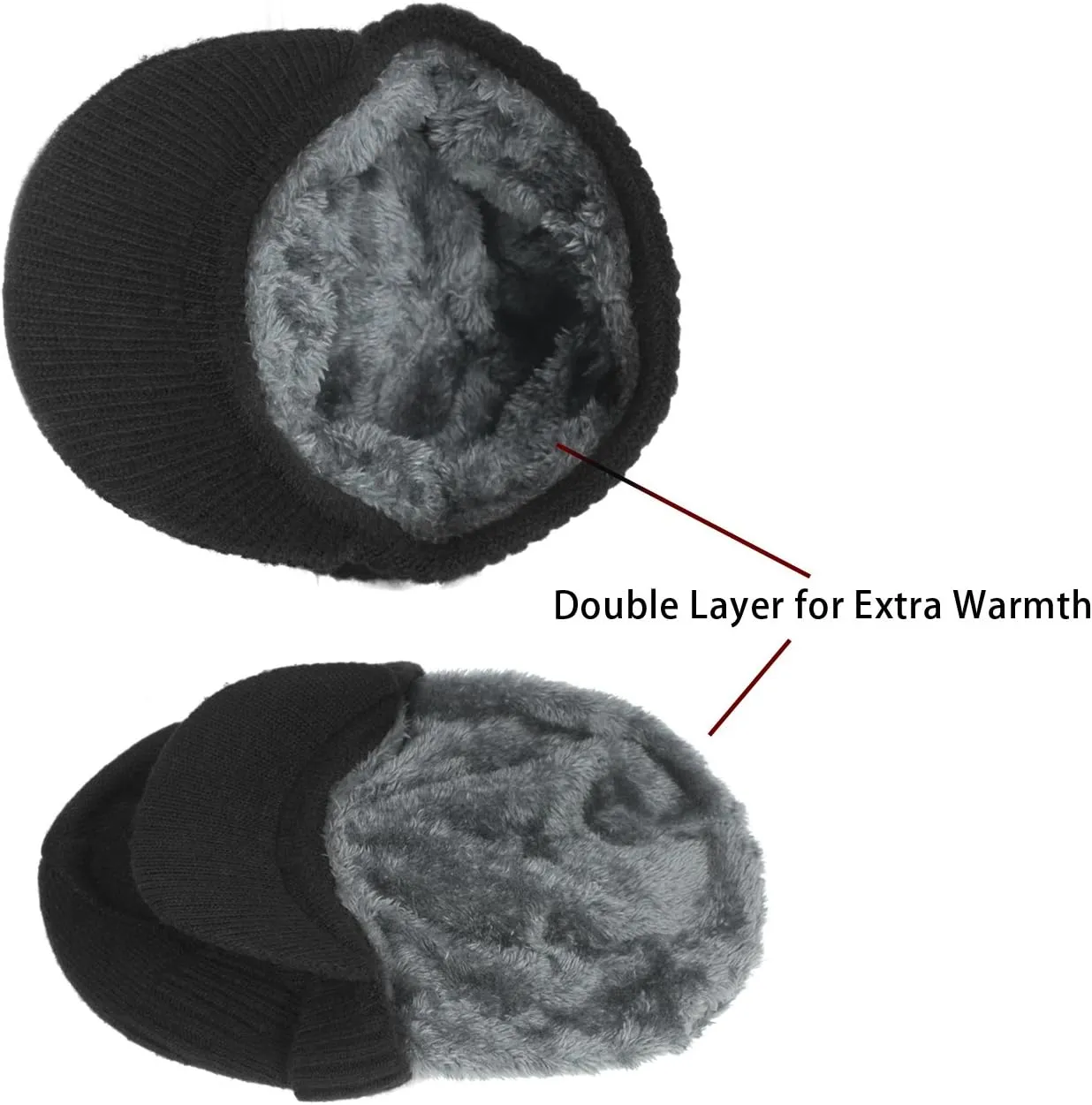 Dahlia Men's Beanie with Visor - Wool, Winter Hat w/Brim, Fleece Lined