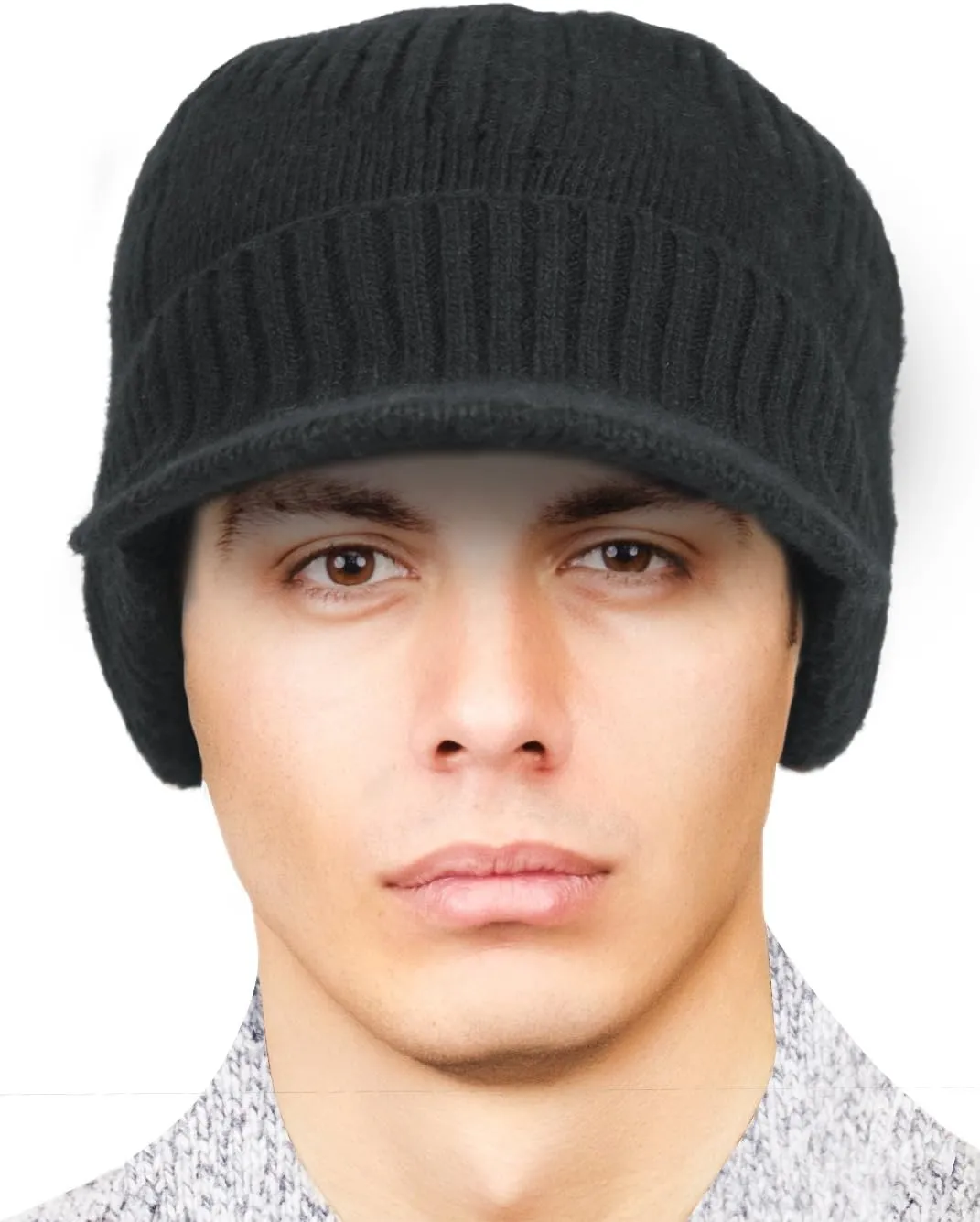 Dahlia Men's Beanie with Visor - Wool, Winter Hat w/Brim, Fleece Lined
