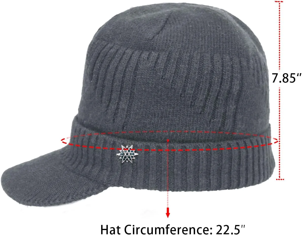 Dahlia Men's Beanie with Visor - Wool, Winter Hat w/Brim, Fleece Lined