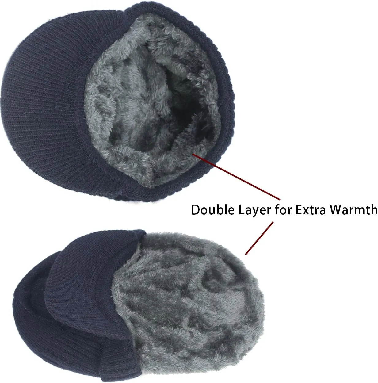 Dahlia Men's Beanie with Visor - Wool, Winter Hat w/Brim, Fleece Lined