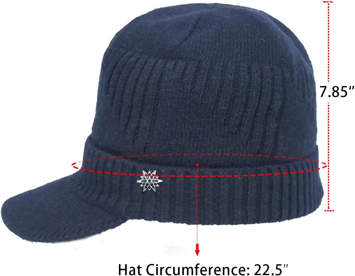 Dahlia Men's Beanie with Visor - Wool, Winter Hat w/Brim, Fleece Lined