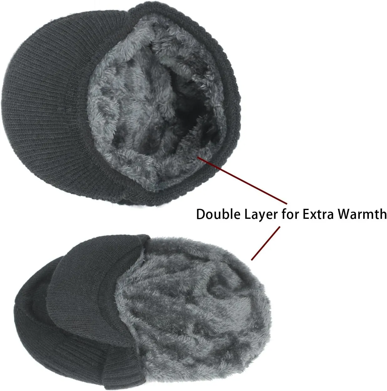 Dahlia Men's Beanie with Visor - Wool, Winter Hat w/Brim, Fleece Lined