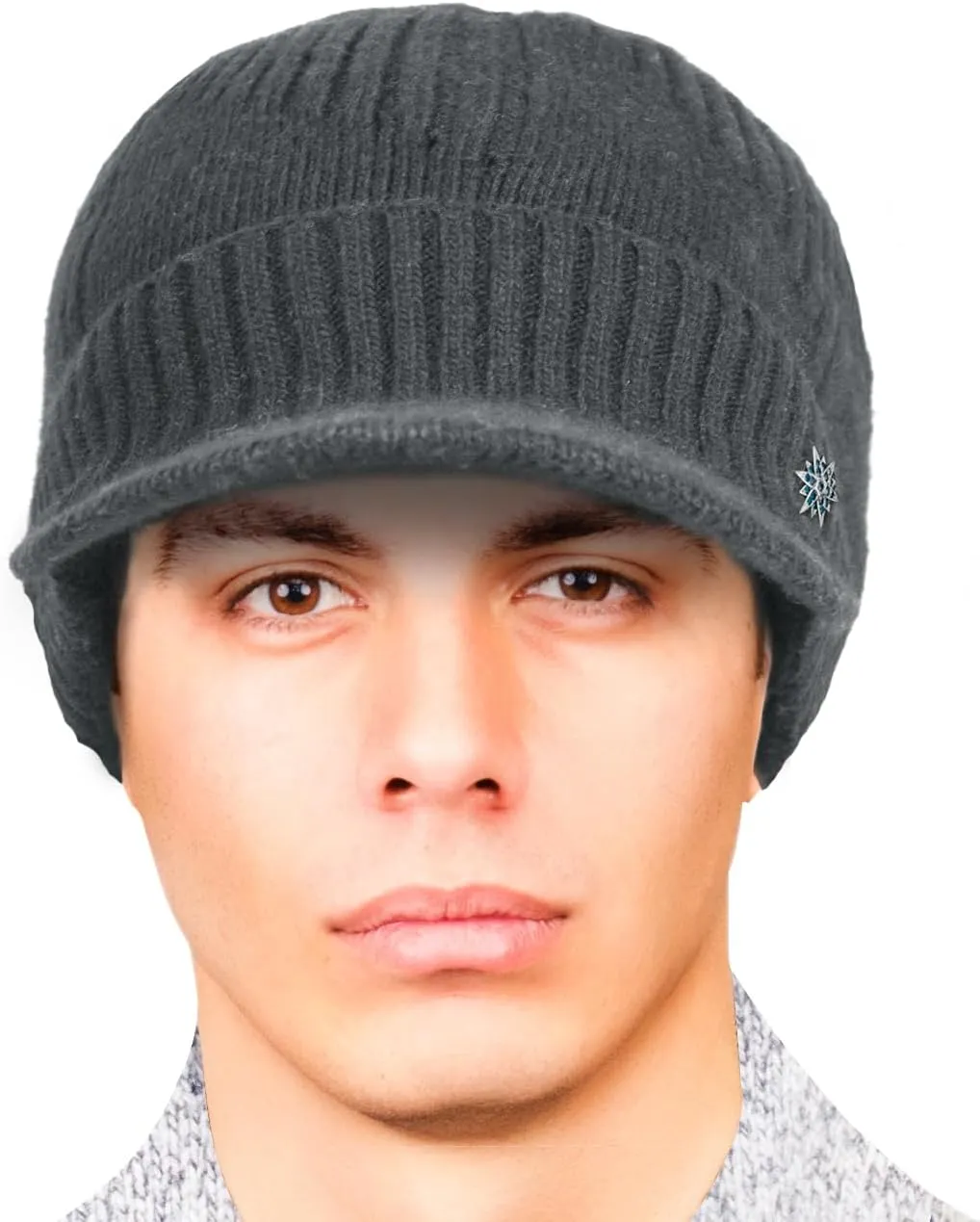 Dahlia Men's Beanie with Visor - Wool, Winter Hat w/Brim, Fleece Lined