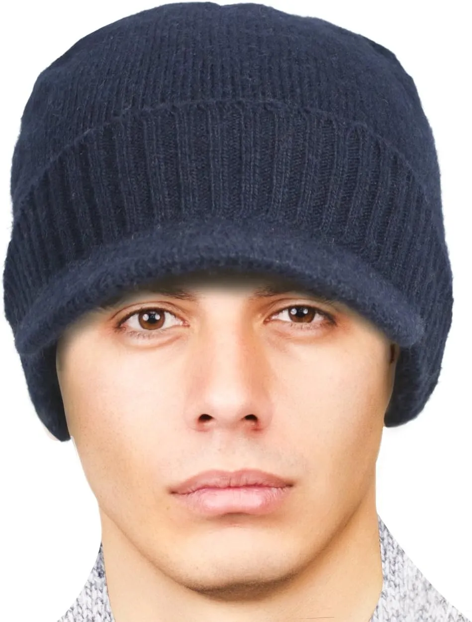 Dahlia Men's Beanie with Visor - Wool, Winter Hat w/Brim, Fleece Lined