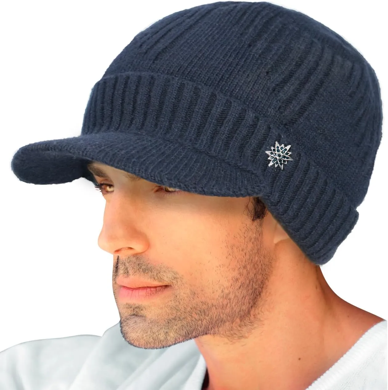 Dahlia Men's Beanie with Visor - Wool, Winter Hat w/Brim, Fleece Lined