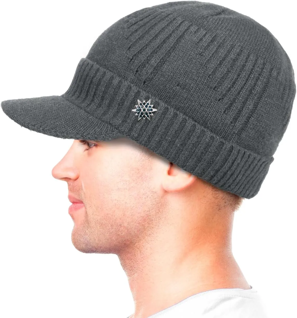 Dahlia Men's Beanie with Visor - Wool, Winter Hat w/Brim, Fleece Lined