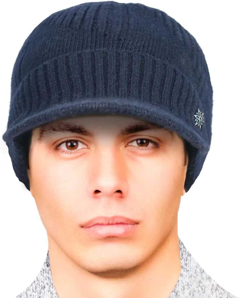 Dahlia Men's Beanie with Visor - Wool, Winter Hat w/Brim, Fleece Lined