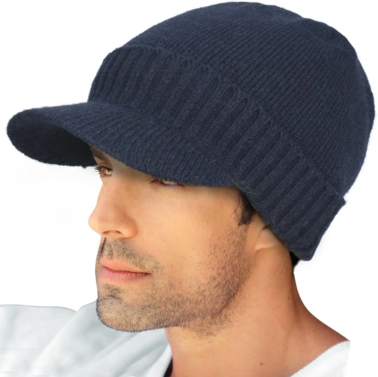 Dahlia Men's Beanie with Visor - Wool, Winter Hat w/Brim, Fleece Lined