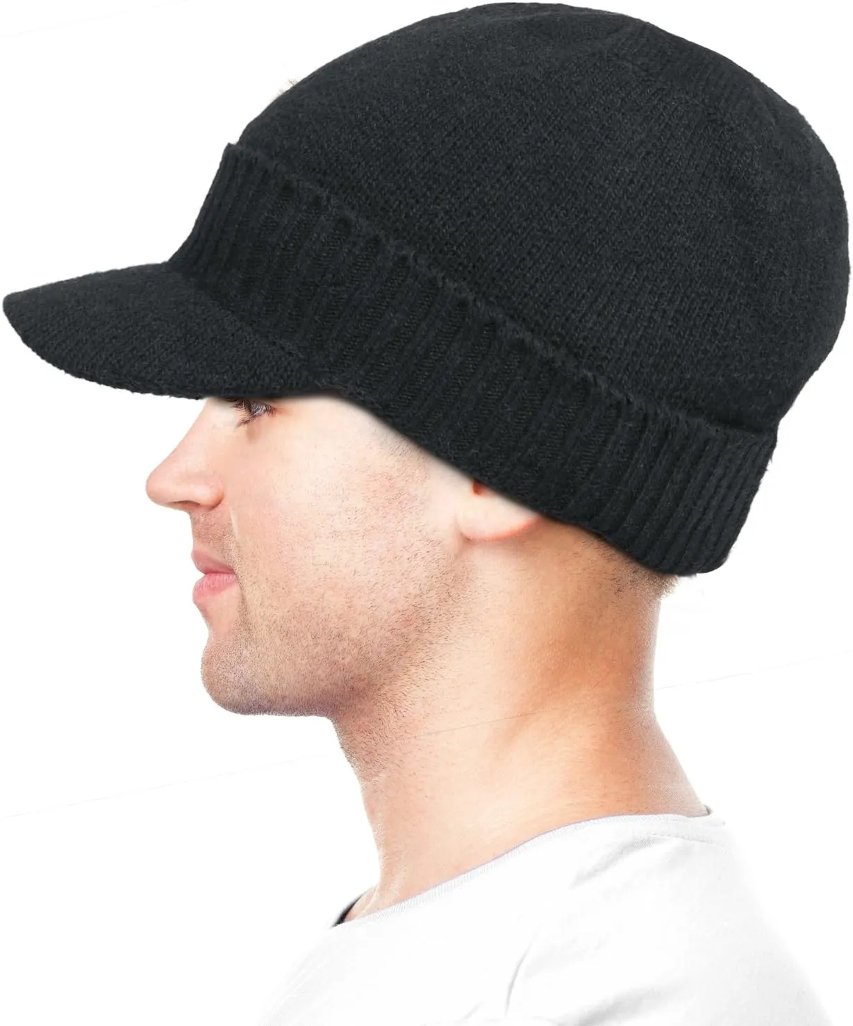 Dahlia Men's Beanie with Visor - Wool, Winter Hat w/Brim, Fleece Lined