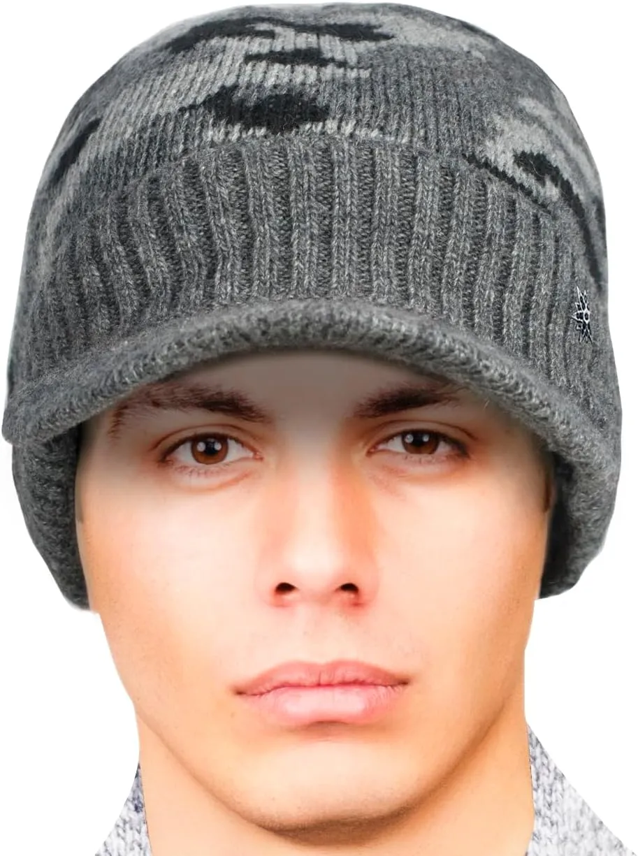 Dahlia Men's Beanie with Visor - Wool, Winter Hat w/Brim, Fleece Lined