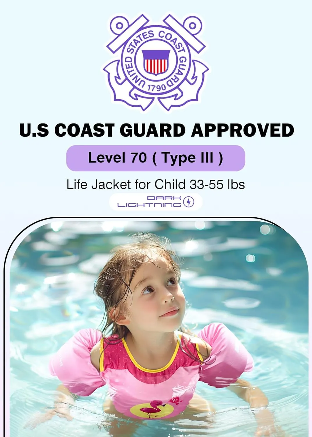 Dark Lightning USCG Coast Guard Approved Toddler Swim Vest for Age 2/3/4/5/6/7 Years Old, Kids Life Jackets with Arm Floaties 30-50 Pounds,Baby Water Wings in Sea/Pool/Puddle