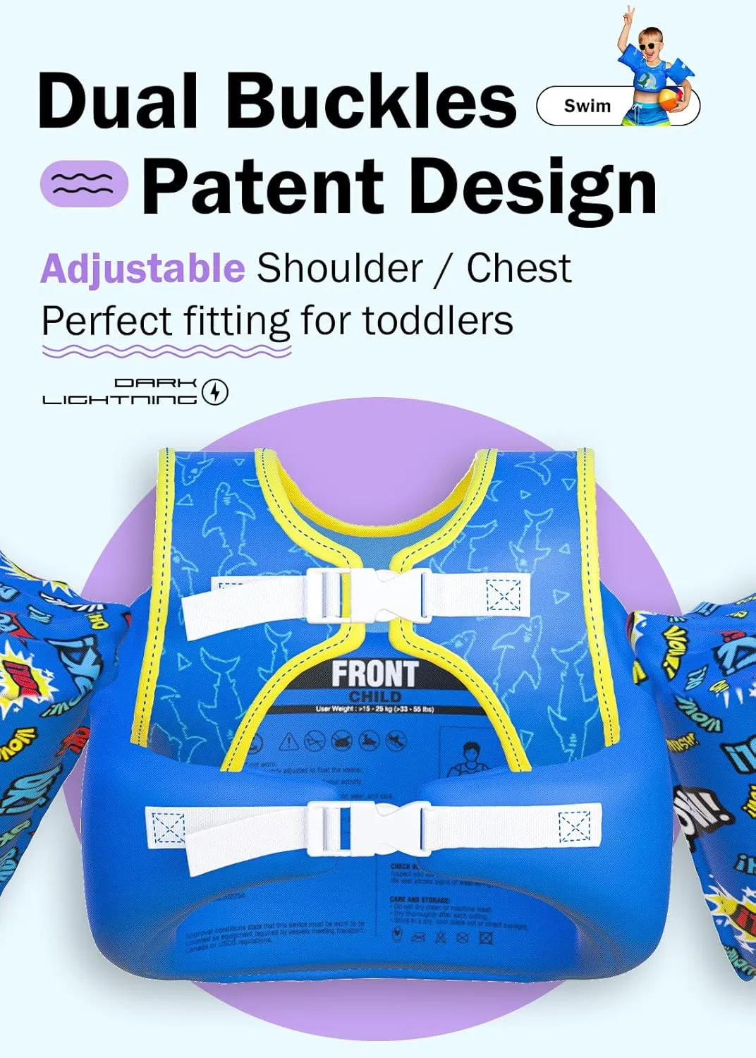 Dark Lightning USCG Coast Guard Approved Toddler Swim Vest for Age 2/3/4/5/6/7 Years Old, Kids Life Jackets with Arm Floaties 30-50 Pounds,Baby Water Wings in Sea/Pool/Puddle