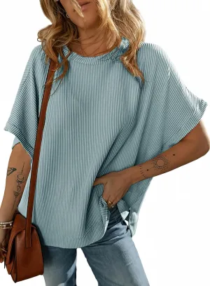 Dokotoo Women's Casual Oversized Short Sleeve Solid Color Loose Texture Knit Tunic Tops Blouses