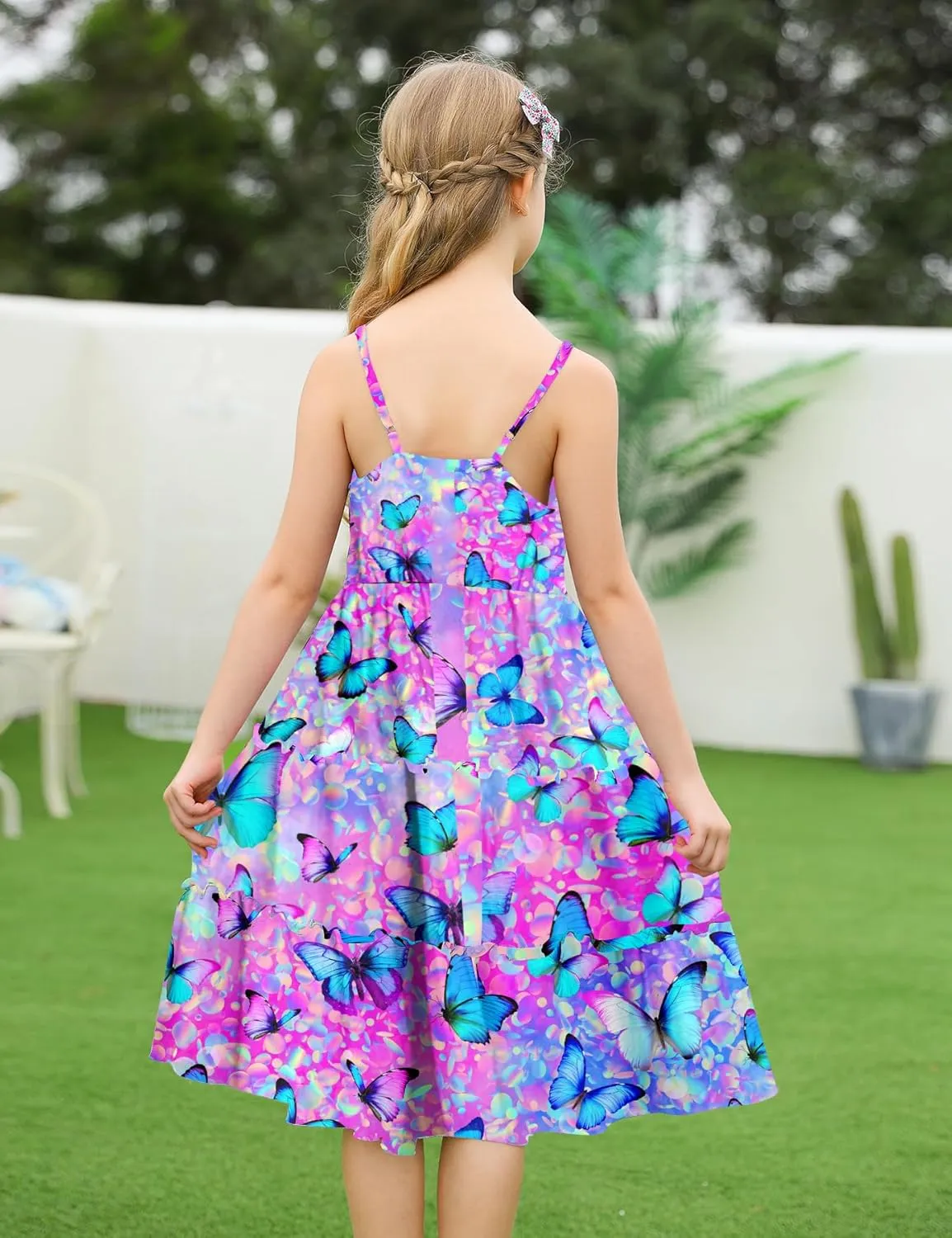 Enlifety Girls Summer Casual Dress Ruffle Pleated Tiered Dresses Spaghetti Straps Twirl Swing Sundress Size 6-12T