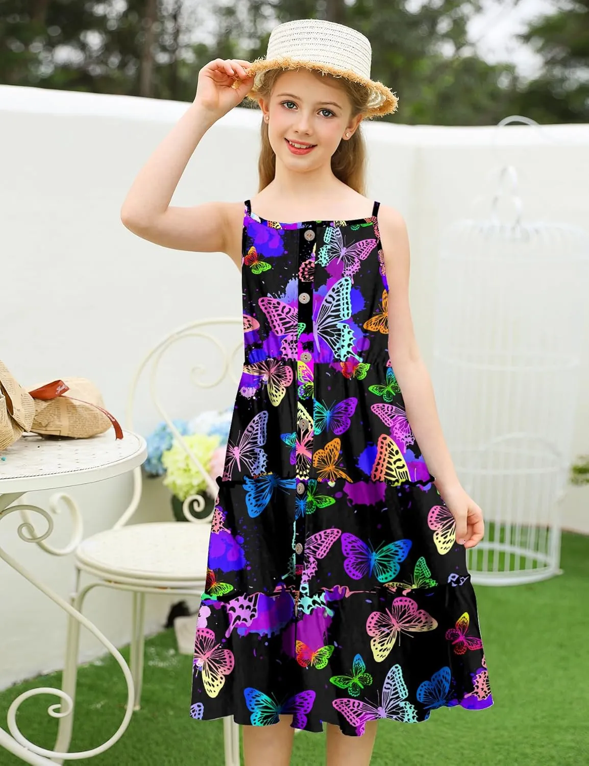 Enlifety Girls Summer Casual Dress Ruffle Pleated Tiered Dresses Spaghetti Straps Twirl Swing Sundress Size 6-12T
