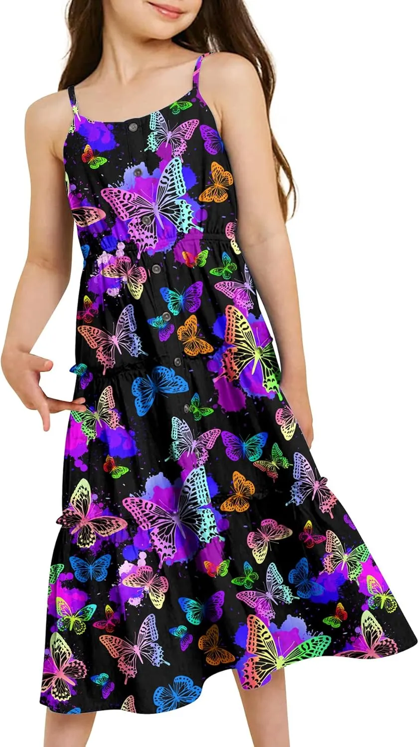 Enlifety Girls Summer Casual Dress Ruffle Pleated Tiered Dresses Spaghetti Straps Twirl Swing Sundress Size 6-12T