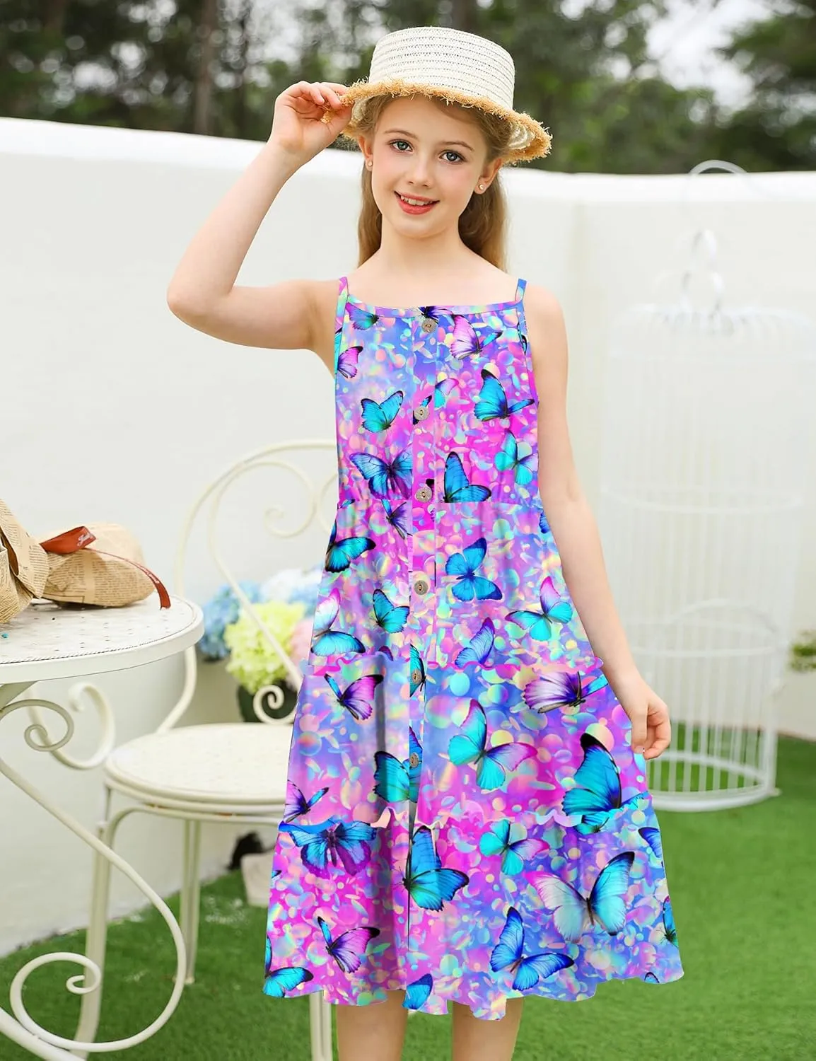 Enlifety Girls Summer Casual Dress Ruffle Pleated Tiered Dresses Spaghetti Straps Twirl Swing Sundress Size 6-12T