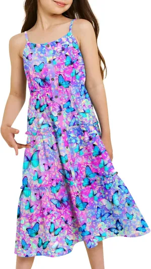 Enlifety Girls Summer Casual Dress Ruffle Pleated Tiered Dresses Spaghetti Straps Twirl Swing Sundress Size 6-12T