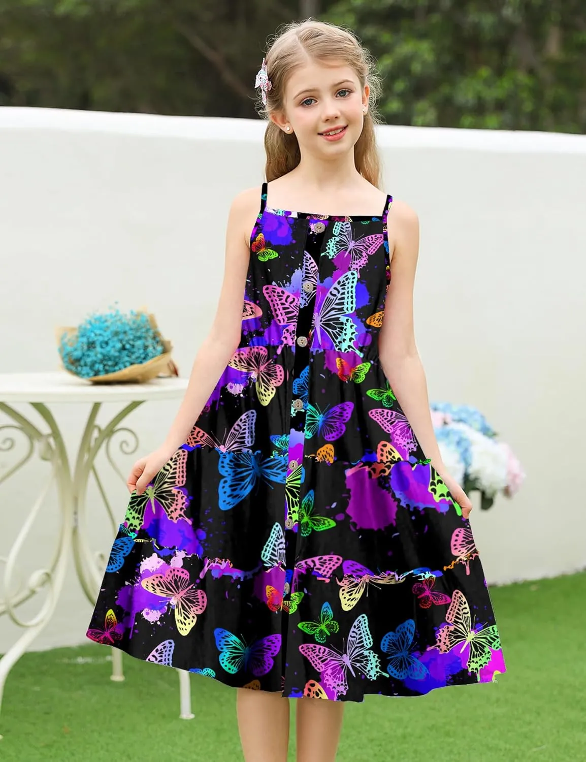 Enlifety Girls Summer Casual Dress Ruffle Pleated Tiered Dresses Spaghetti Straps Twirl Swing Sundress Size 6-12T