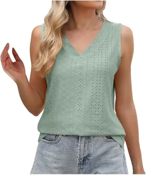 Eyelet Tunic Tops for Women Casual V Neck Sleeveless Blouse Breathless Quick Dry Tank Shirt 2025 Summer Office Wear