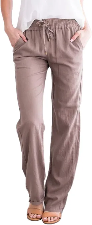 Faretumiya Women Drawstring Cotton Linen Pants Elastic Waist Straight Leg Solid Color Lounge Pants Going Out Long Trousers