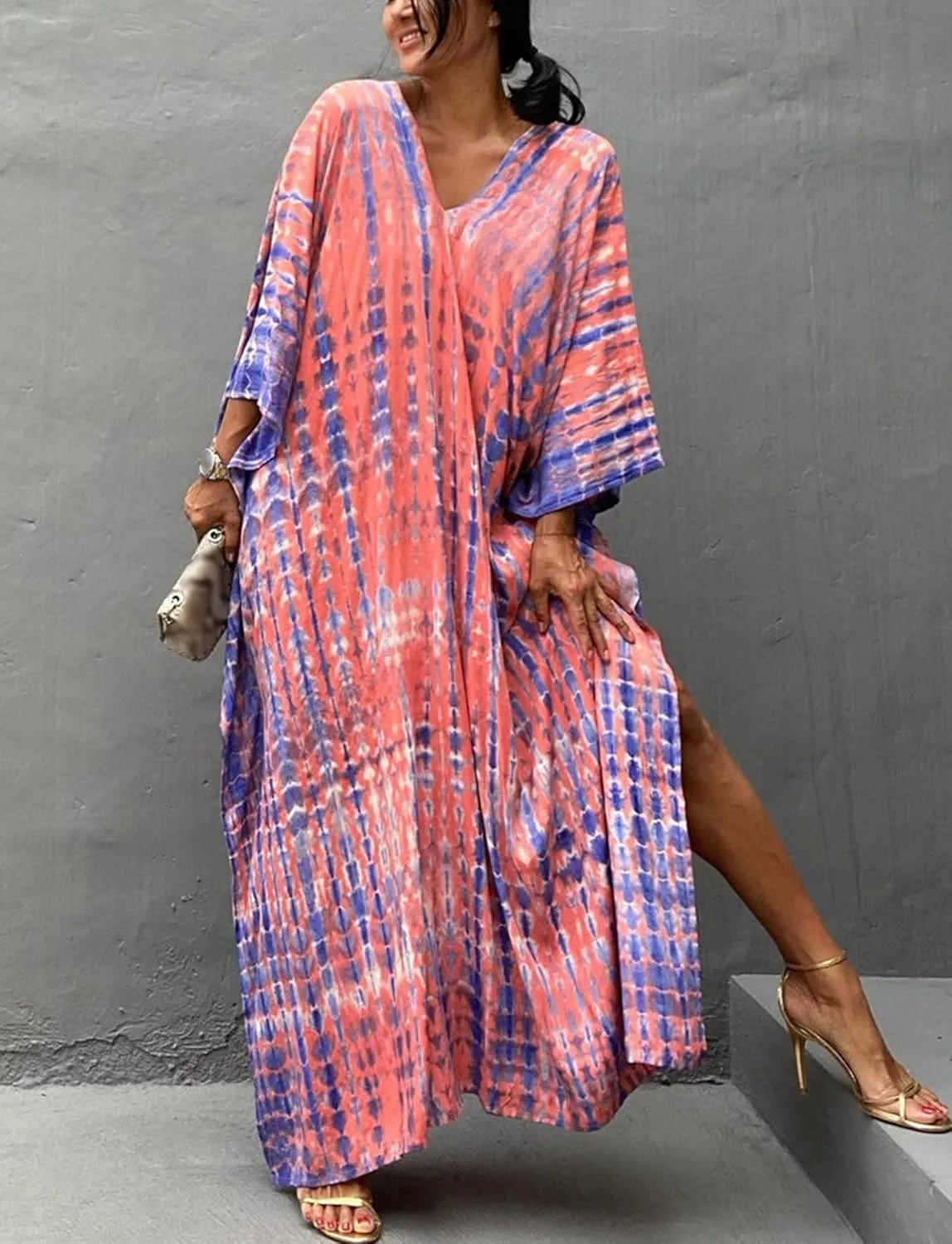 FEOYA Women's Bohemian Swim Cover Ups Printed V-Neck Pullover Kaftan Dress Swimsuit with Slit