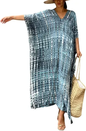 FEOYA Women's Bohemian Swim Cover Ups Printed V-Neck Pullover Kaftan Dress Swimsuit with Slit