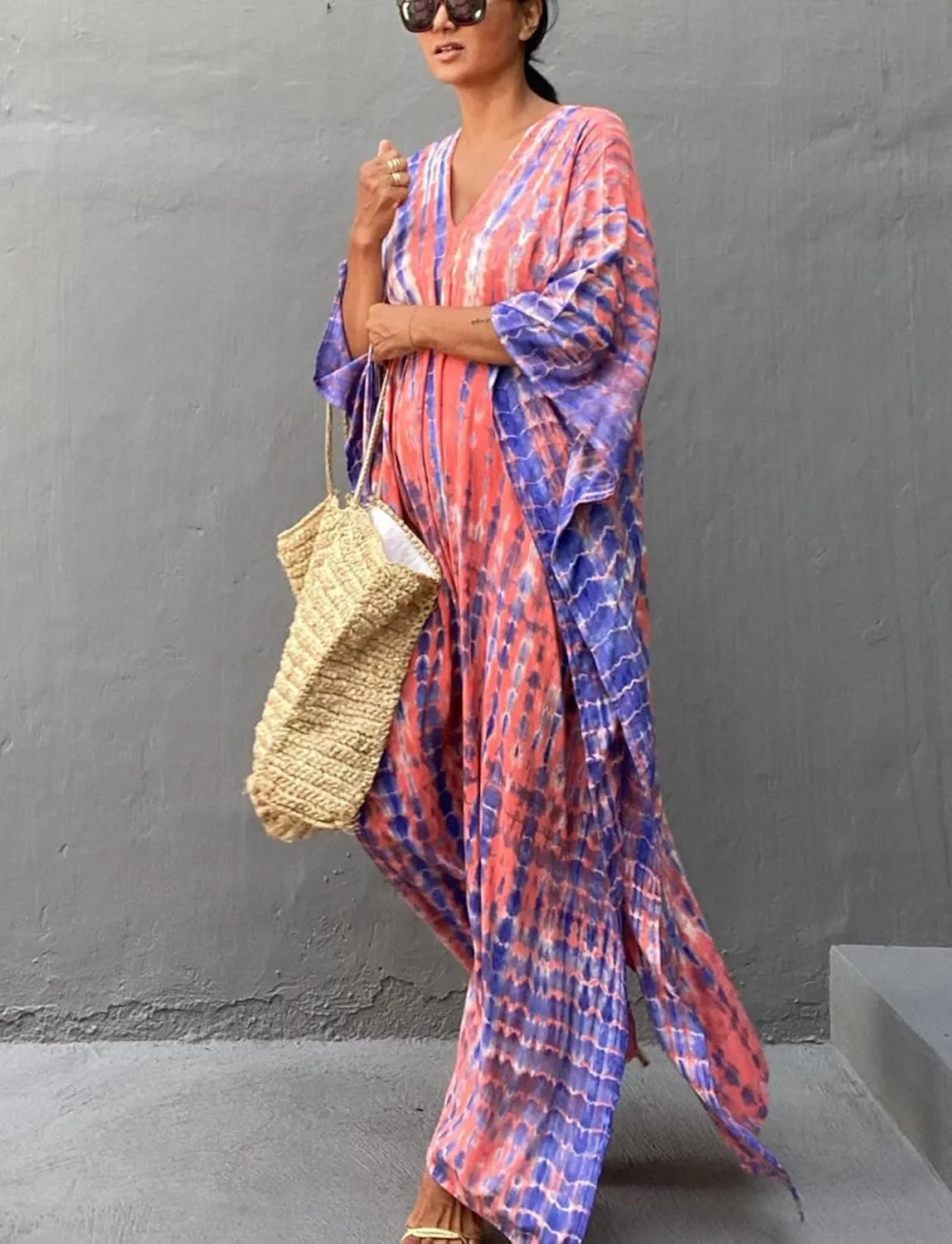 FEOYA Women's Bohemian Swim Cover Ups Printed V-Neck Pullover Kaftan Dress Swimsuit with Slit