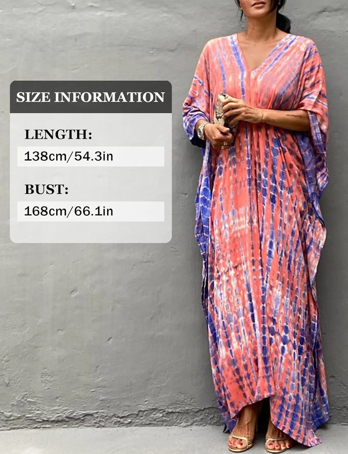 FEOYA Women's Bohemian Swim Cover Ups Printed V-Neck Pullover Kaftan Dress Swimsuit with Slit