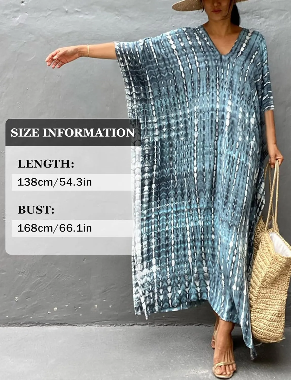 FEOYA Women's Bohemian Swim Cover Ups Printed V-Neck Pullover Kaftan Dress Swimsuit with Slit