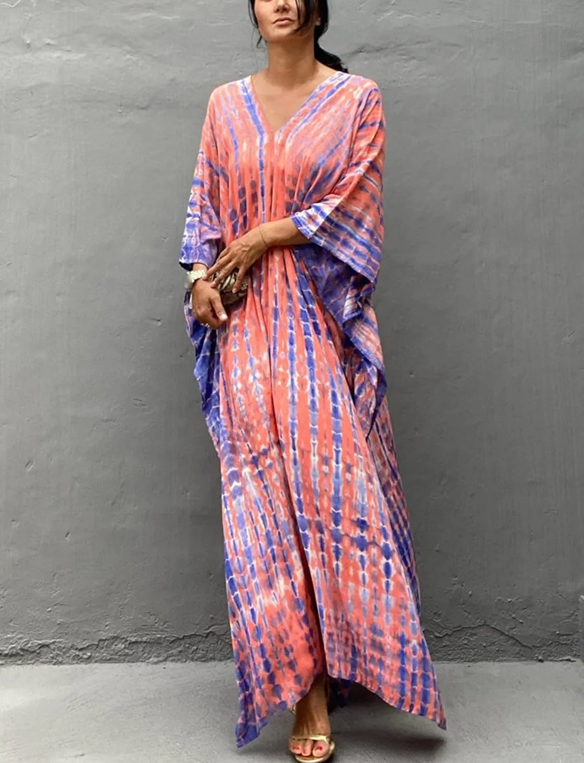FEOYA Women's Bohemian Swim Cover Ups Printed V-Neck Pullover Kaftan Dress Swimsuit with Slit