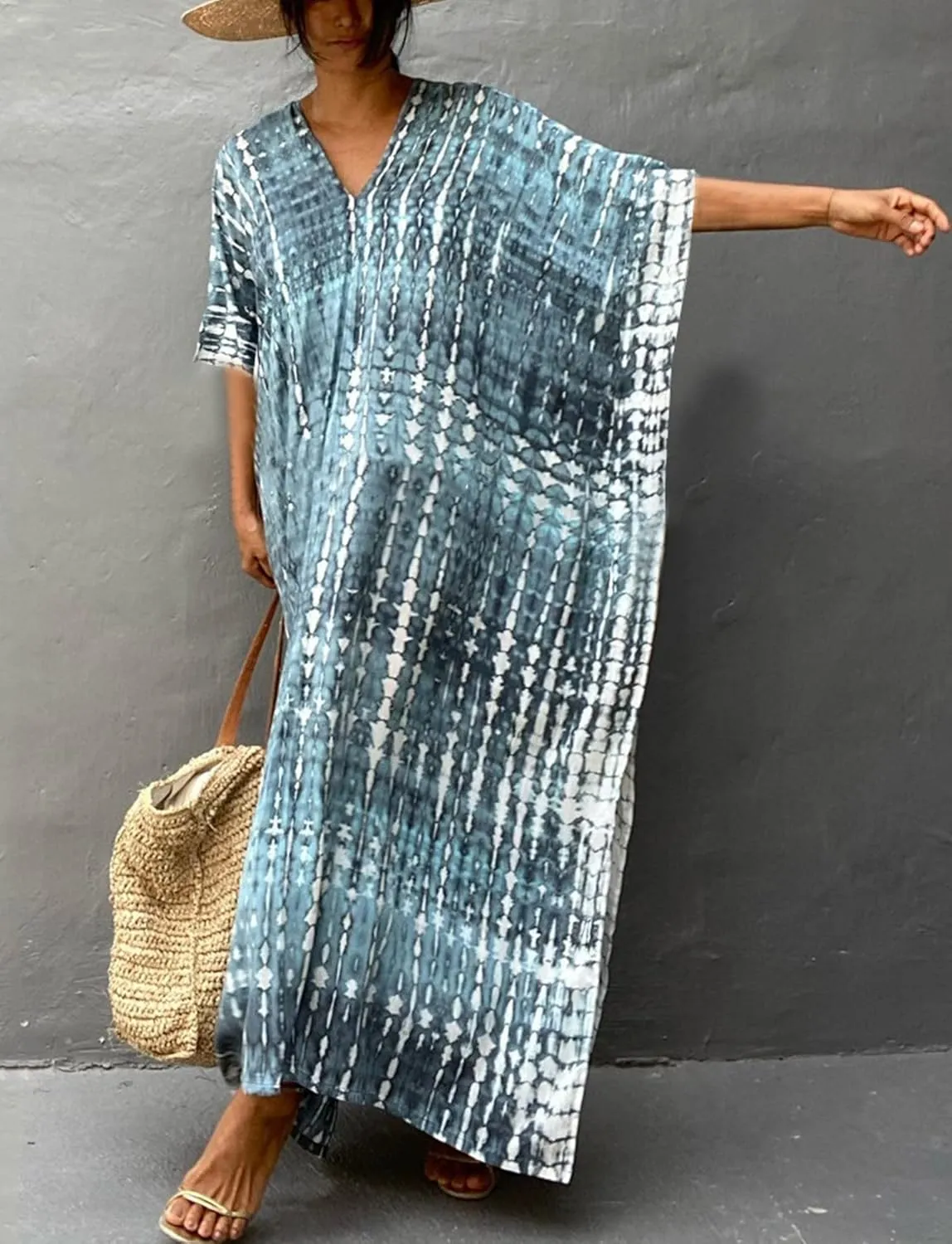 FEOYA Women's Bohemian Swim Cover Ups Printed V-Neck Pullover Kaftan Dress Swimsuit with Slit