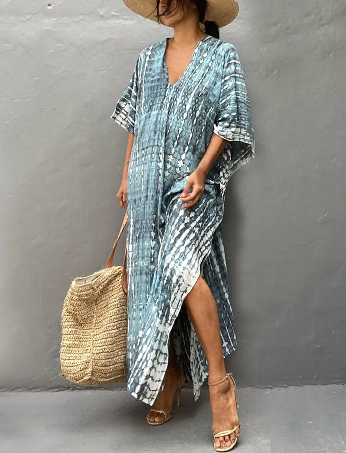 FEOYA Women's Bohemian Swim Cover Ups Printed V-Neck Pullover Kaftan Dress Swimsuit with Slit