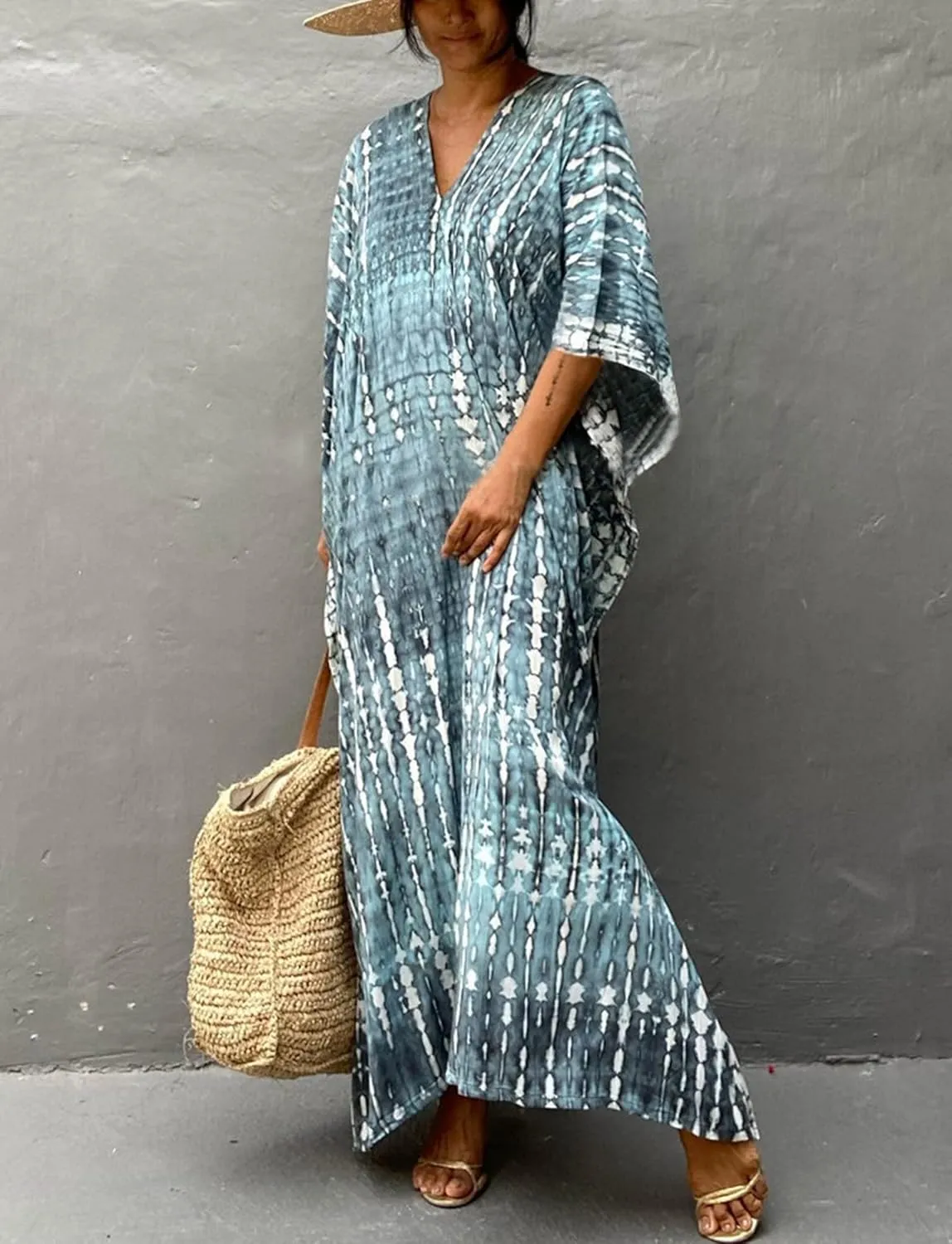 FEOYA Women's Bohemian Swim Cover Ups Printed V-Neck Pullover Kaftan Dress Swimsuit with Slit