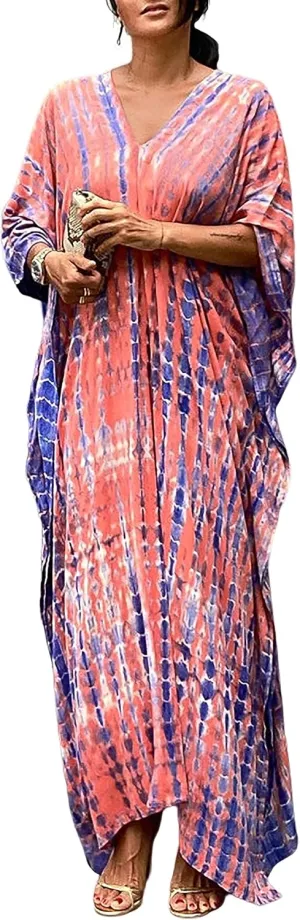 FEOYA Women's Bohemian Swim Cover Ups Printed V-Neck Pullover Kaftan Dress Swimsuit with Slit