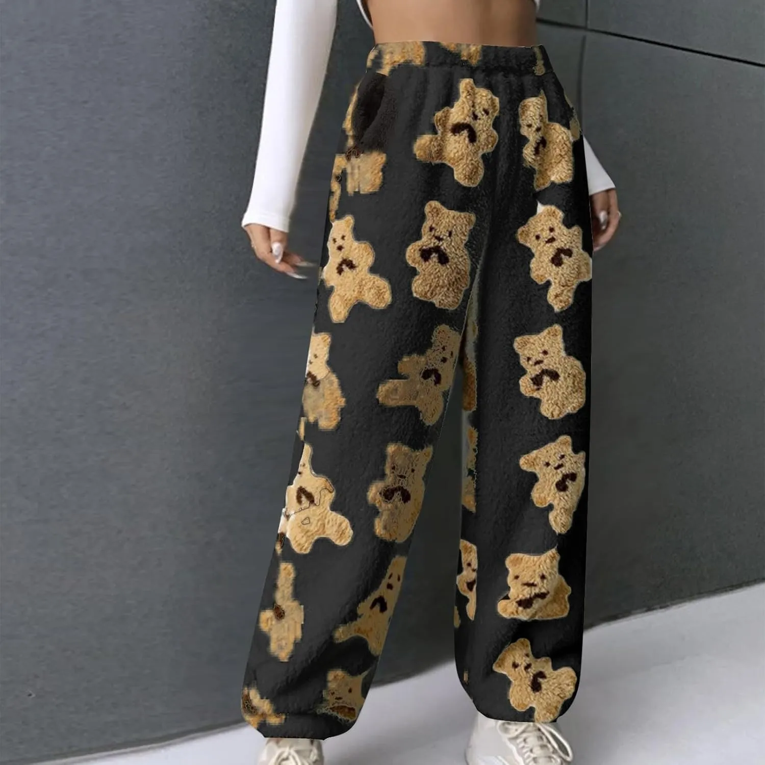 Fleece Pj Bottoms Women Plush Pajamas Pants Warm Fluffy Jogger Pants Cute Bear Pants Furry Lounge Pants with Pockets