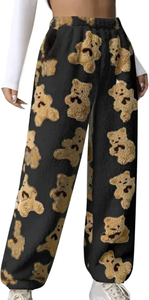 Fleece Pj Bottoms Women Plush Pajamas Pants Warm Fluffy Jogger Pants Cute Bear Pants Furry Lounge Pants with Pockets