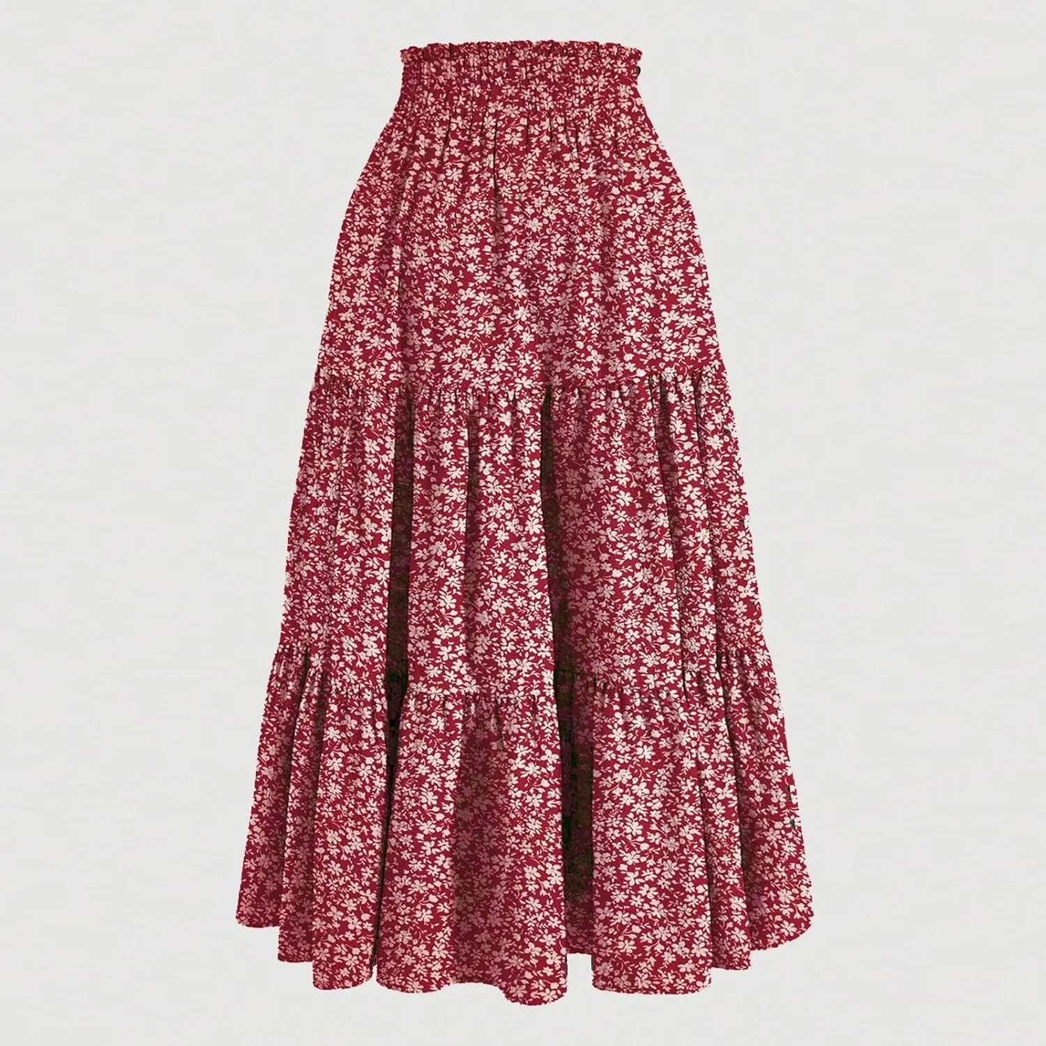 Floral Maxi Skirt for Women Flowy High Waisted Drawstring Ruffle Hem Skort Summer Trendy A-Line Vacation Beach Skirt