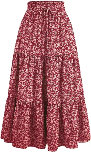 Floral Maxi Skirt for Women Flowy High Waisted Drawstring Ruffle Hem Skort Summer Trendy A-Line Vacation Beach Skirt