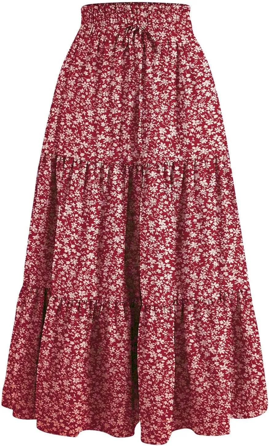 Floral Maxi Skirt for Women Flowy High Waisted Drawstring Ruffle Hem Skort Summer Trendy A-Line Vacation Beach Skirt