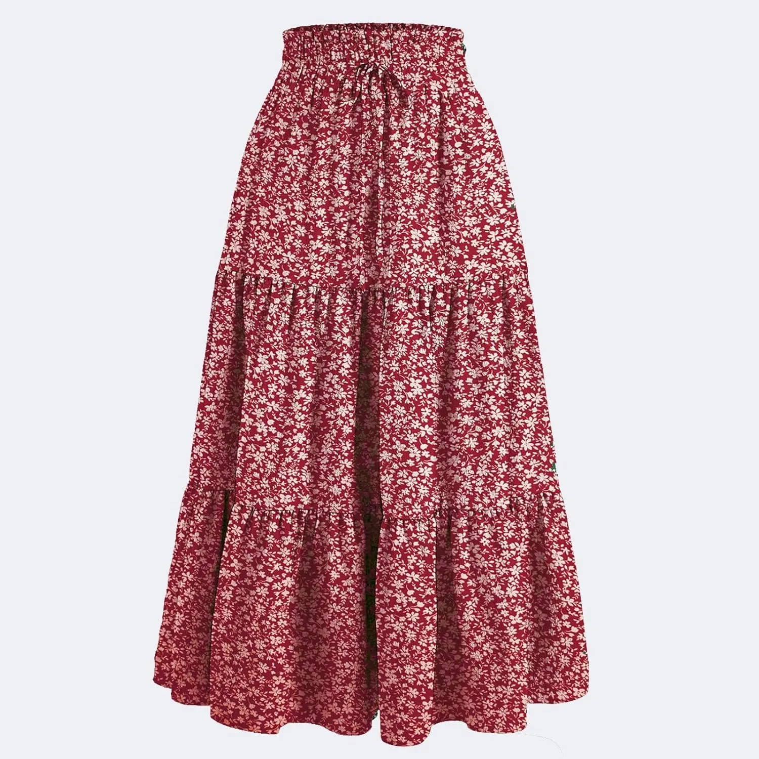 Floral Maxi Skirt for Women Flowy High Waisted Drawstring Ruffle Hem Skort Summer Trendy A-Line Vacation Beach Skirt