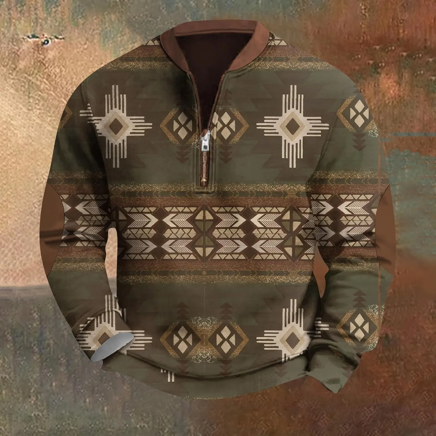 FONMA Men's Western Sweatshirts Fall Winter Knit Printed 1/4 Zip-Up Sweatshirt Casual Loose Fit Athletic Shirt