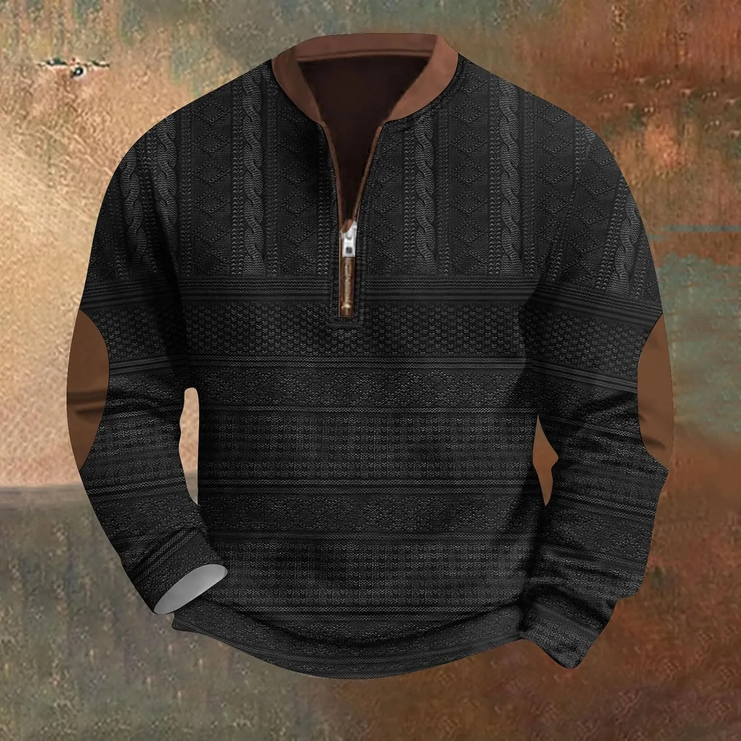 FONMA Men's Western Sweatshirts Fall Winter Knit Printed 1/4 Zip-Up Sweatshirt Casual Loose Fit Athletic Shirt
